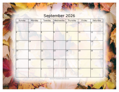 Colorful printable calendar September 2026