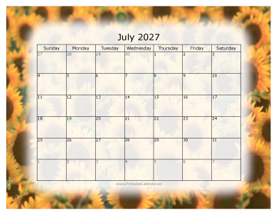Colorful printable calendar July 2027
